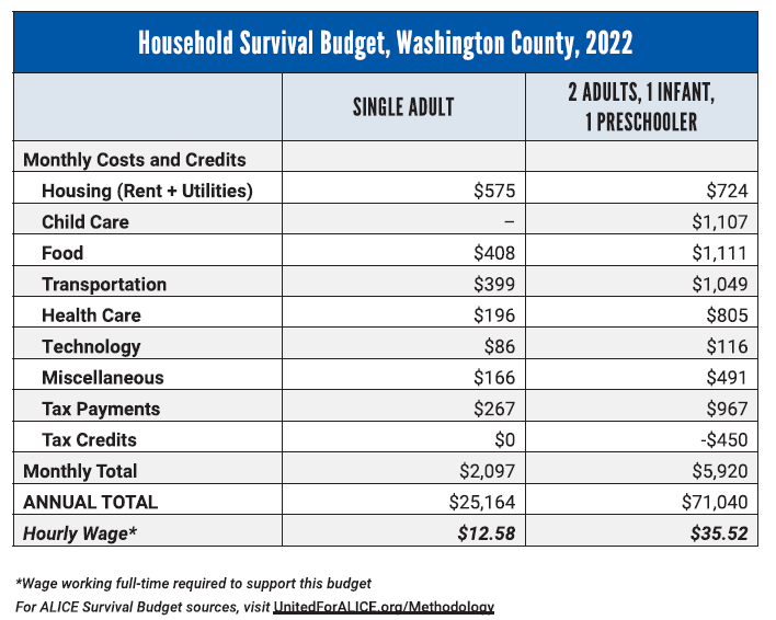 Washington County household survival budget